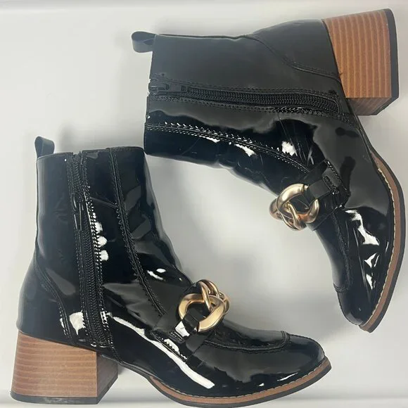 Steve Madden Girls Loreen Patent Leather Gold Chain Black Boots 3 - Picture 3 of 7